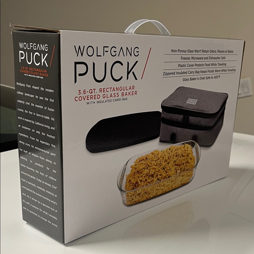 Wolfgang Puck Rectangular Covered Glass Baker With Carry Bag
